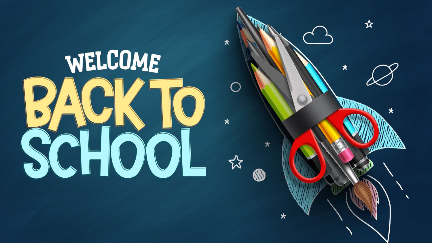 Illustration of a rocket made of school supplies with 'Welcome Back to School' text on a dark blue background.